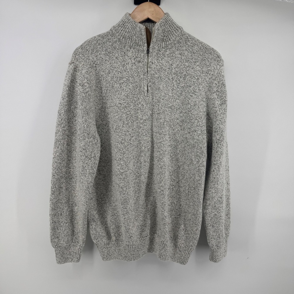 Chaps Mens Large Gray Marled Knit Quarter Zip Sweater Mock Neck Pullover Preppy